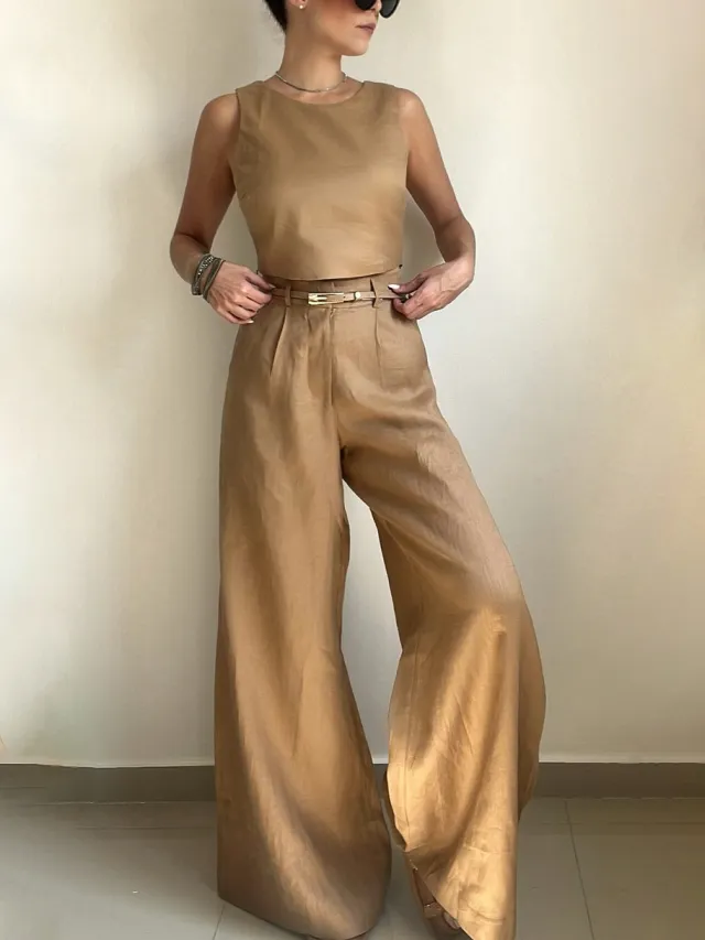 Khaki Button Back Vest & Wide Leg Pants Set Khaki - Shop at LoveMi