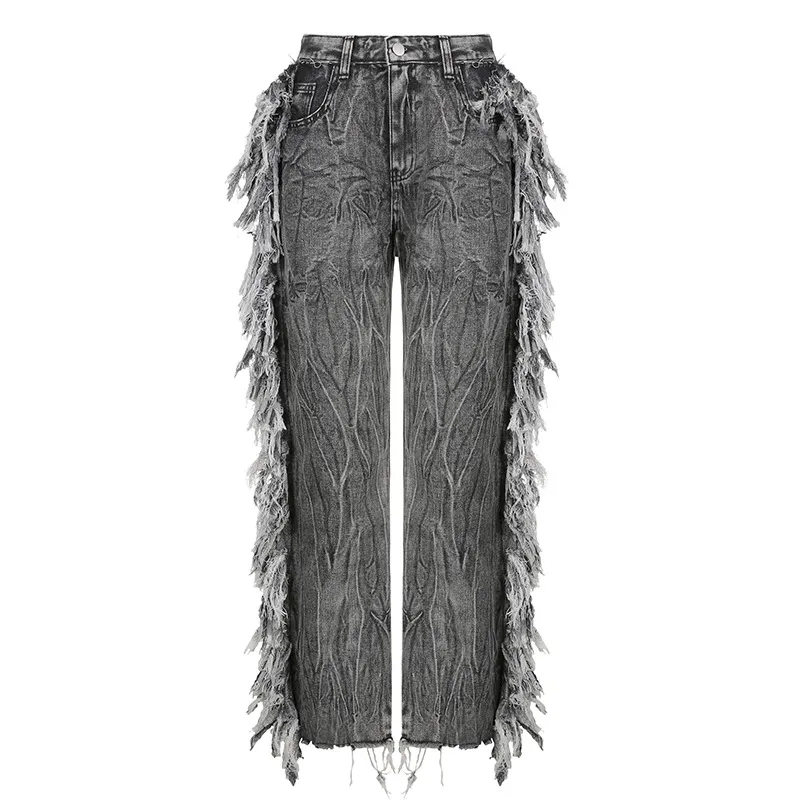 Fashion Ladies Gray Raw Edge Tie-Dye Jeans - Gray