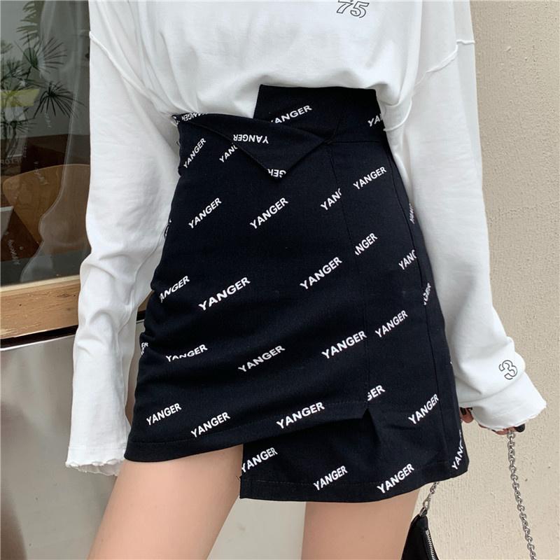 Irregular Slit Skirt, Graffiti Letter Skirt, Light Cooked Style, Large Size A-line Package Hip Skirt