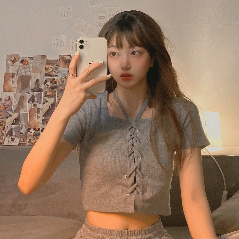 French Square Collar Drawstring Bubble Short-sleeved Shirt Women