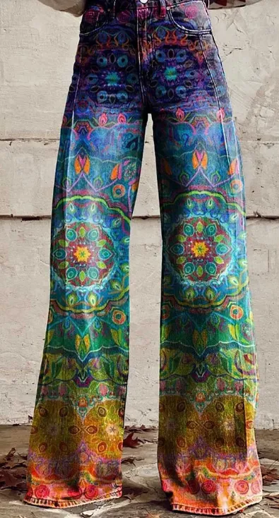 Daily High Rise Pattern Pocket Wide Leg Pants Rainbow - Shop at LoveMi