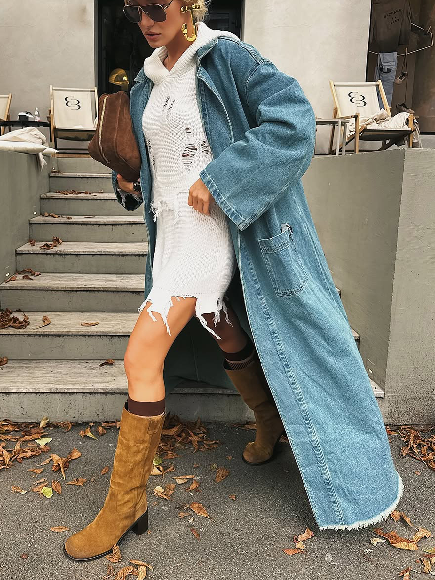 Oversized Light - Wash Denim Duster Coat