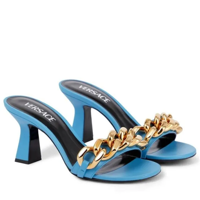 Women's Flat Metal Chain Chunky High Heels Slippers Blue - Shop at LoveMi