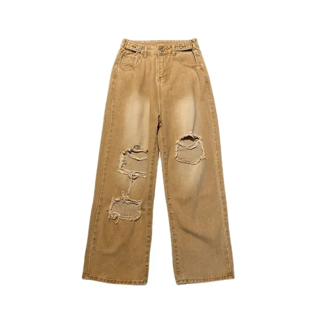 Vintage Washed Worn Khaki Ripped Jeans Women Khaki - Shop at LoveMi