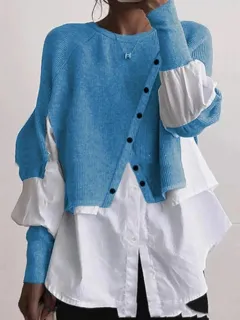 Crew Neck Long Sleeve Knitted Multi-colour Patchwork White Shirt Women's - Blue - View 1