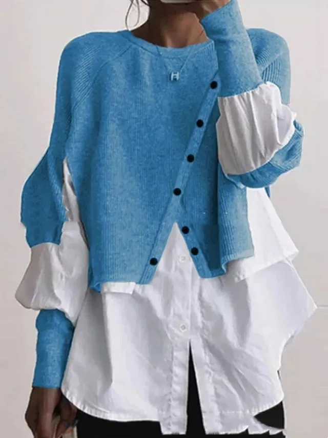 Crew Neck Long Sleeve Knitted Multi color Patchwork White Shirt Women's Blue - Shop at LoveMi