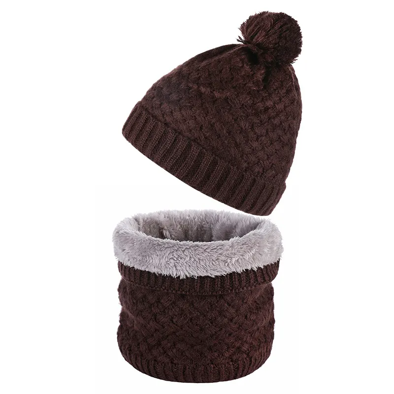Plus Velvet Thick Knitted Fur Ball Hat Scarf Set Warm Wool Single - Brown