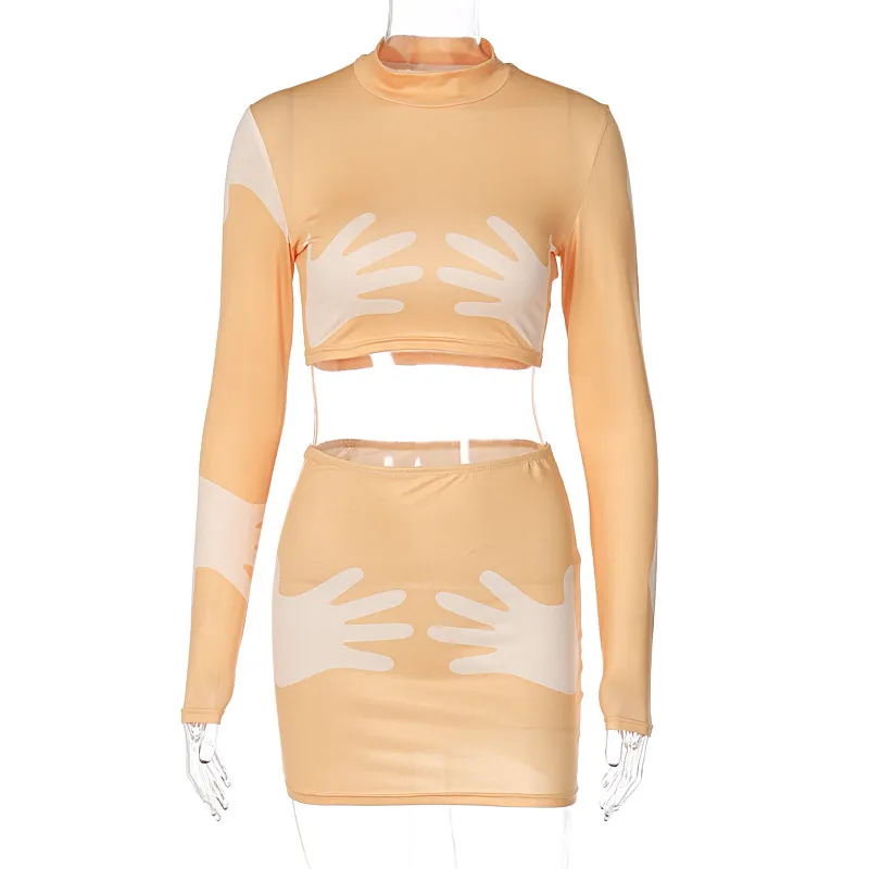 Fashion Print Crop Long Sleeve Top Slim Short Style Skirt Suit - Orange
