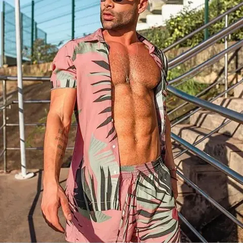 Streetwear Short Sleeve Beach Shirt with Pants Casual Men