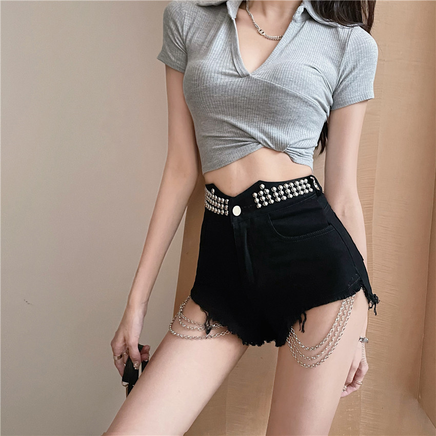 Metal Chain Fringe Black Denim Shorts