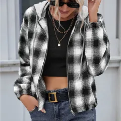 Check Shirt Loose Long Sleeve Casual Zipper Hooded Jacket Coat - Black And White - View 1