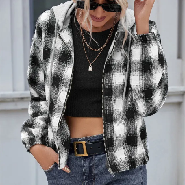 Check Shirt Loose Long Sleeve Casual Zipper Hooded Jacket Coat Black And White - Shop at LoveMi