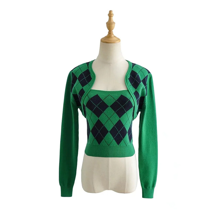 Two Piece Suspender Knit Sweater Design With Diamond Pattern