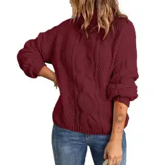 Autumn Winter Solid Color Long Sleeve Knitted High Neck Cotton Top For Women - Red2 - View 1