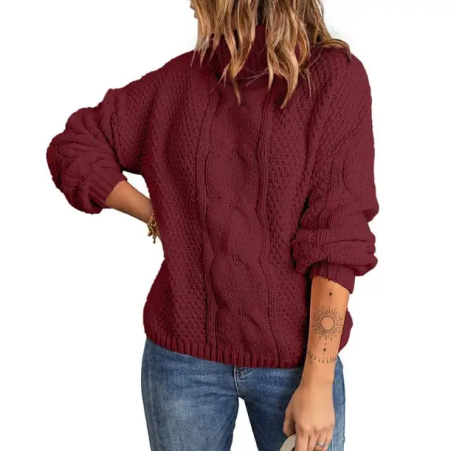Autumn Winter Solid Color Long Sleeve Knitted High Neck Cotton Top For Women Red2 - Shop at LoveMi