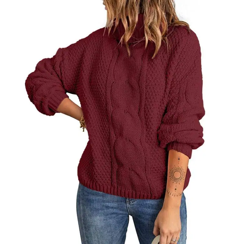 Autumn Winter Solid Color Long Sleeve Knitted High Neck Cotton Top For Women - Red2