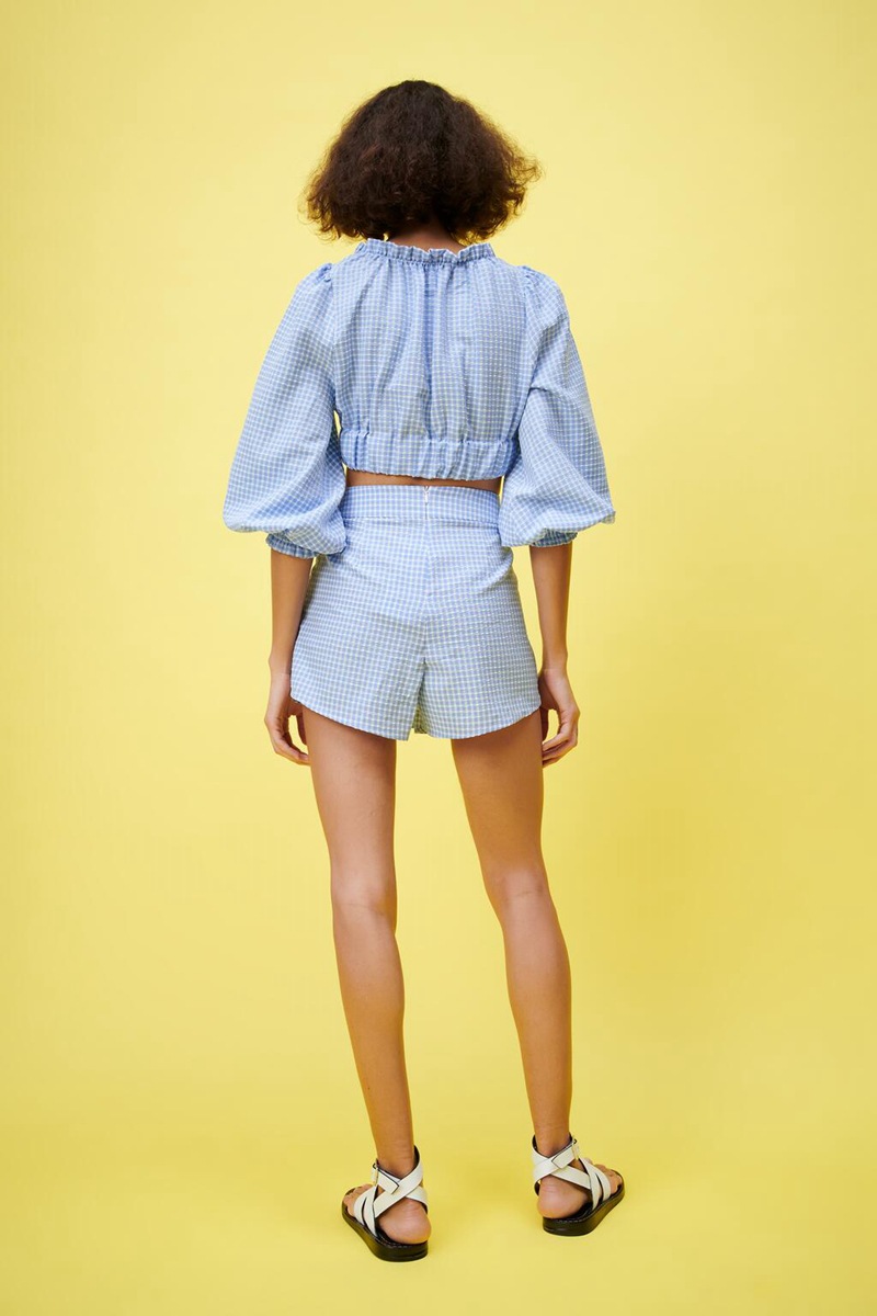 Puff Sleeve Solid Color Check Shirt Shorts