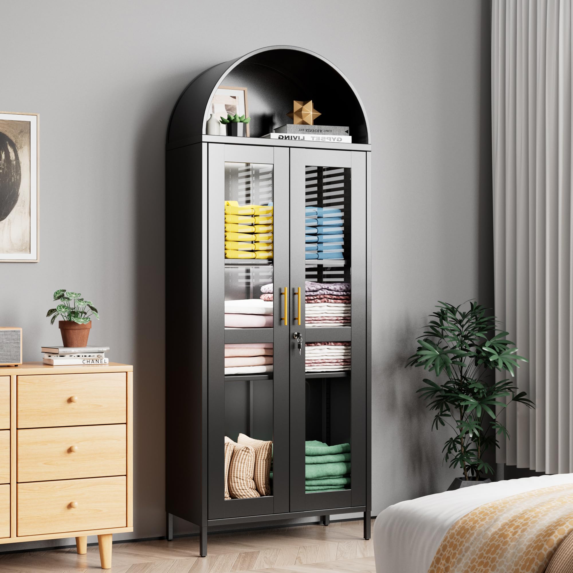 72.83inch H Metal Arched Cabinet With Glass Door,Arched Display Cabinet With LED Strip,Lockable Door And 2 Adjustable Shelves For Home Office,Assembly Required, Black