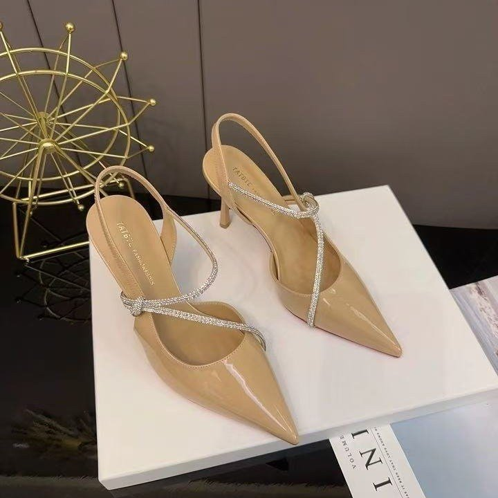 French Style Patent Leather Nude Rhinestone Closed Toe Sandals For Women, 2026 Summer New Arrival Versatile Stiletto Pointed Toe Elegant High Heels