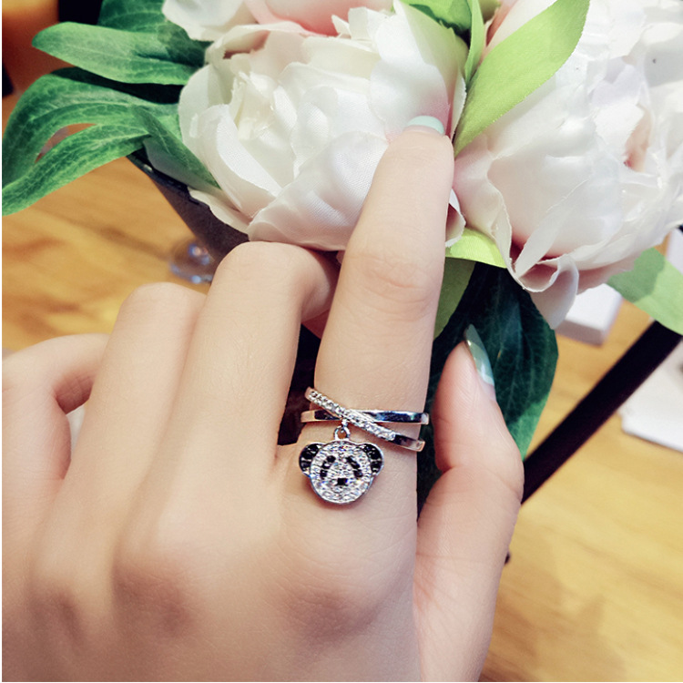 Title 4, Silver ring female creative panda animal, a cha...