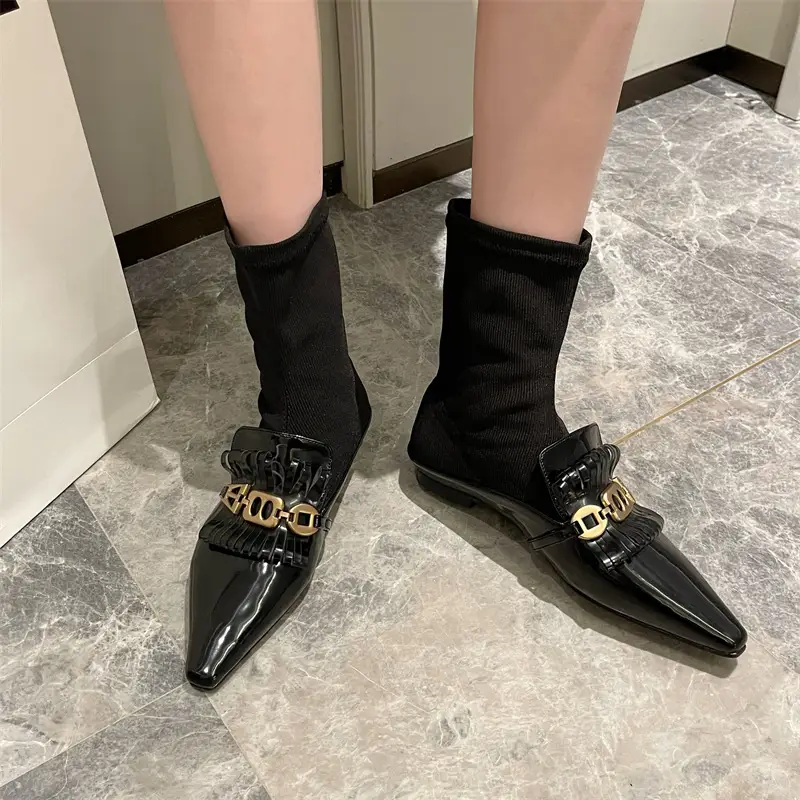 Martin Boots Flat Patent Leather Wool Socks And Ankle Boots