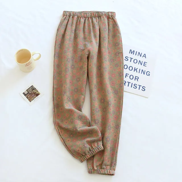Retro Yarn dyed Jacquard Women's Pure Cotton Pajama Pants Green - Shop at LoveMi