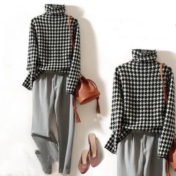 Houndstooth Pile Collar Wild Thick Turtleneck Pullover Sweater