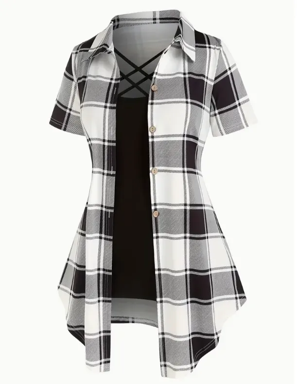 Unity AB Splicing Collar Turn D2 In 1 Plaid Short Sleeved T Shirt Milky - Shop at LoveMi