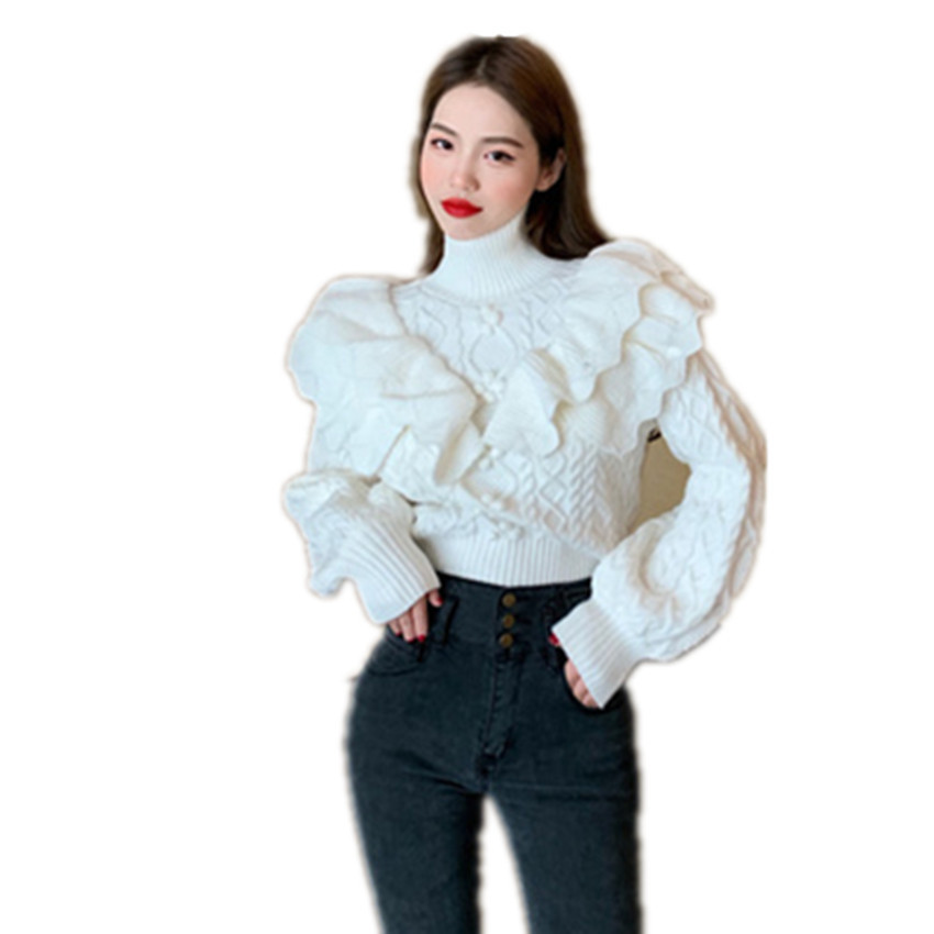 Turtleneck Long-sleeved Ruffled Twist Solid Color Pullover Knitted Sweater