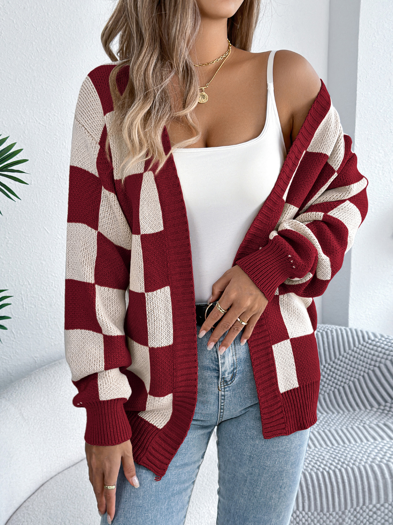 Color Block Plaid Lantern Sleeve Cardigan Sweater Mid-Length Coat - Image 6