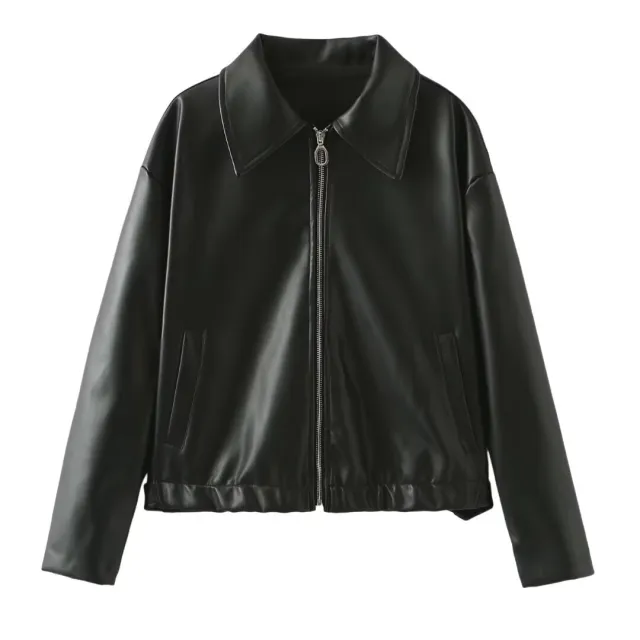 Solid Color Lapel Zipper Jacket Fashion Casual Long Sleeve Leather Coat Tops Women Clothing Black - Shop at LoveMi