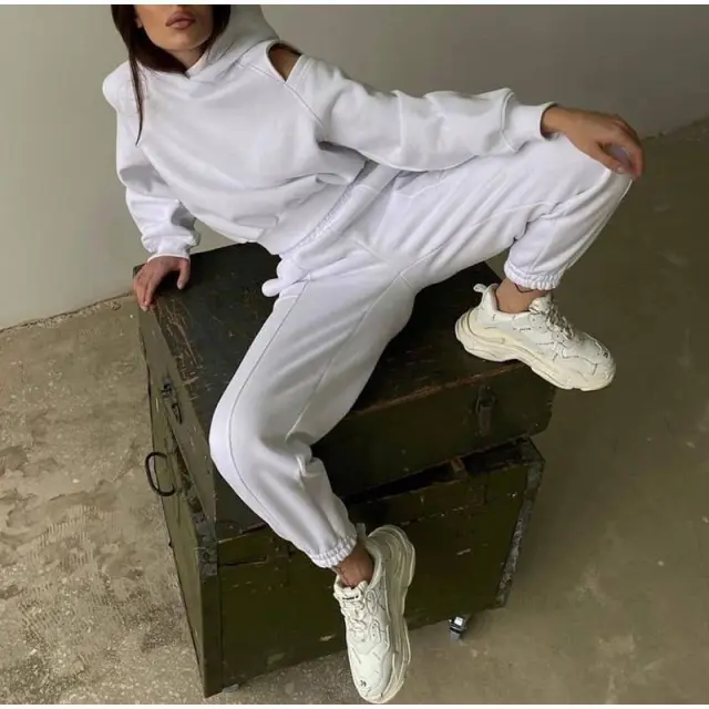 Women's Solid Casual Simple Sports Hooded Sweater Trousers Suit White - Shop at LoveMi