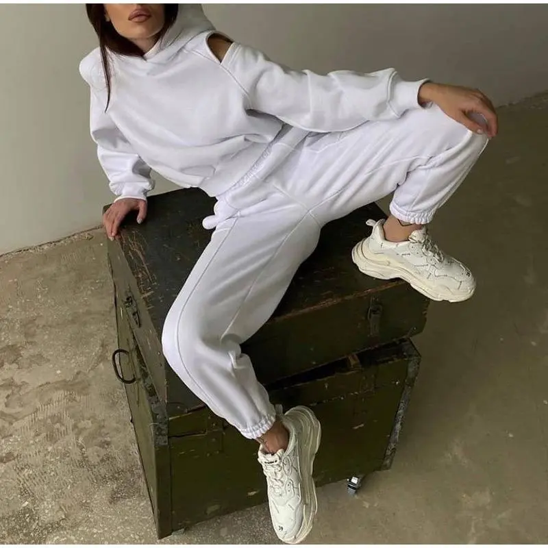 Women's Solid Casual Simple Sports Hooded Sweater Trousers Suit - White