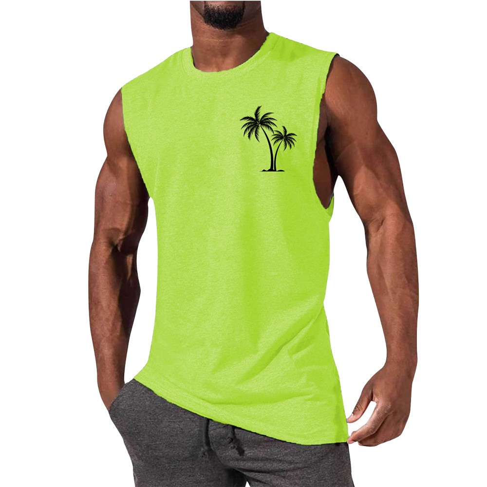 Coconut Tree Embroidery Vest Summer Beach Tank Tops Workout Muscle Men Sports Fi