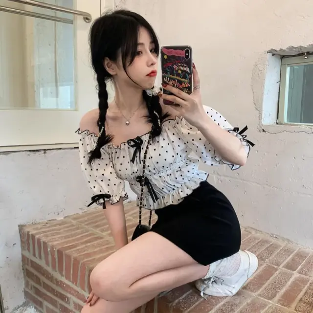 Women's New French Puff Sleeve Love Polka Dot Shirt White - Shop at LoveMi