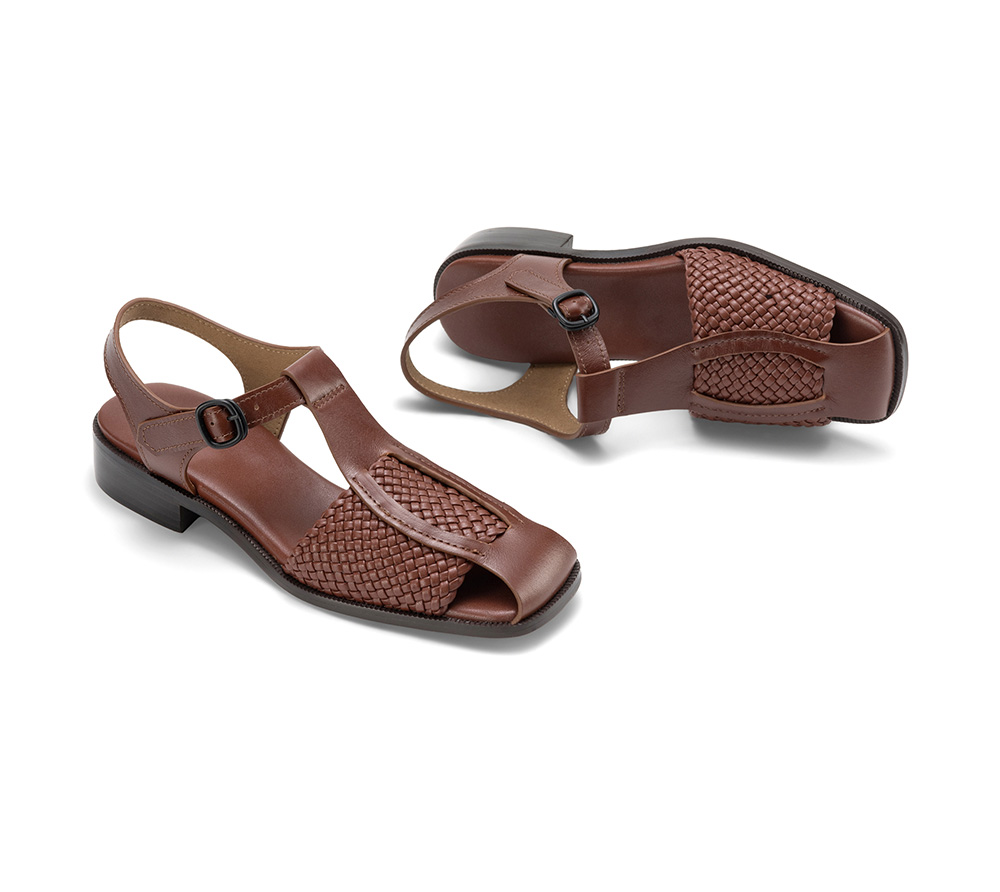 T-Strap Sandal Brown Worn Outdoors - Sarah Express