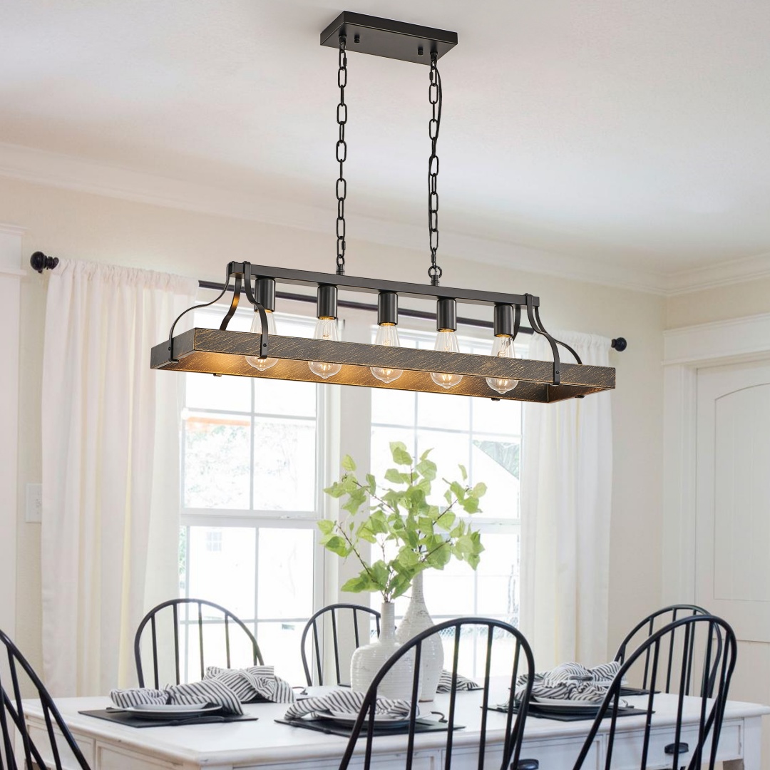 34-Inch Black Gold Vintage Pendant Light, 5 E26 Bulb Sockets, Adjustable Chain Height --Antique Style Chandelier For Dining Room, Kitchen, Or Living Room Bulb Not Included