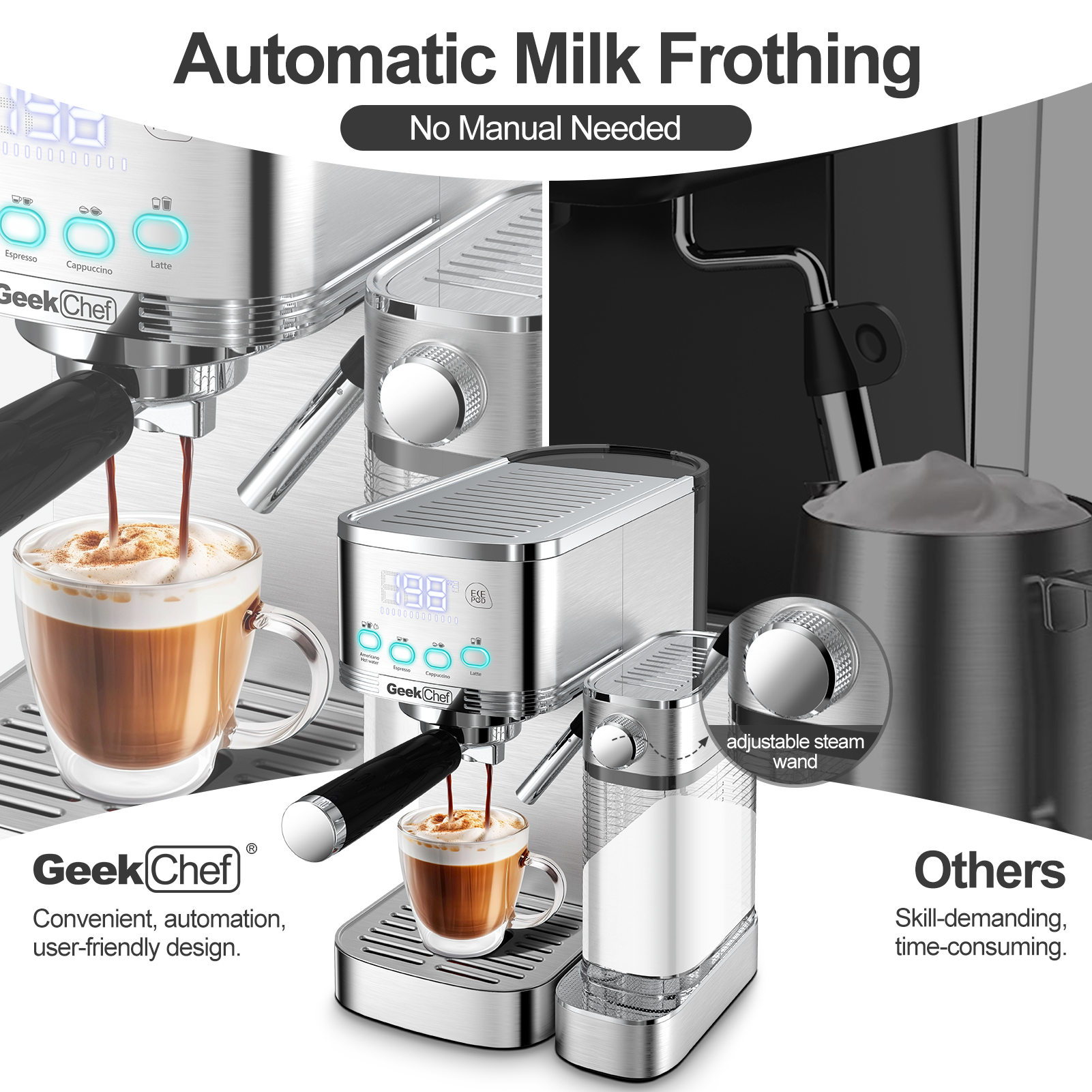 Geek Chef Espresso And Cappuccino Machine With Automatic Milk Frother, 20Bar Espresso Maker For Home, For Cappuccino Or Latte, with ESE POD Filter, Stainless Steel, Gift For Coffee Lover Ban On Amazon