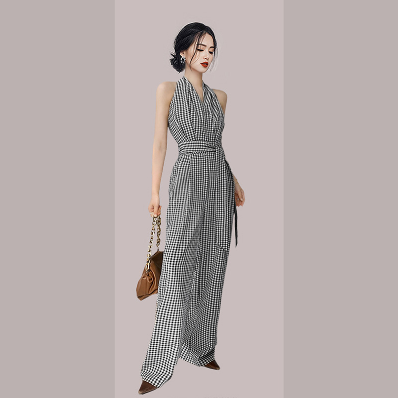 Slim Dress Jumpsuit Wide-leg Pants Plaid