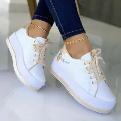 Flowers Embroidery Sneakers For Women Platform Shoes - Gold - View 1