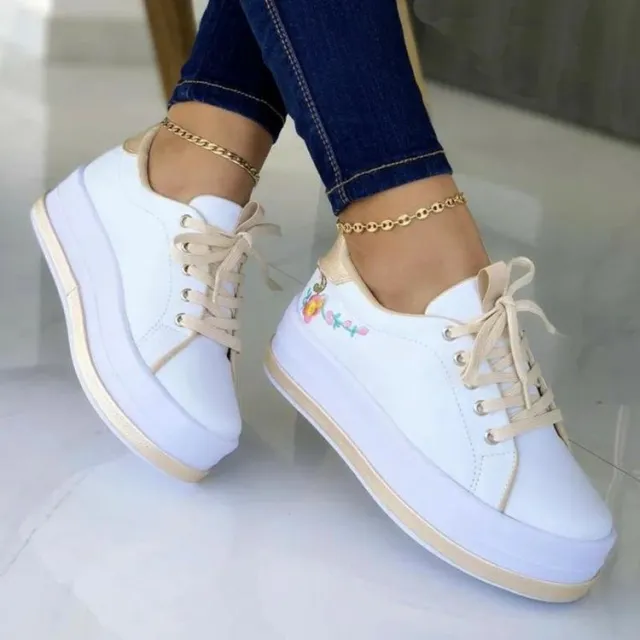 Flowers Embroidery Sneakers For Women Platform Shoes Gold - Shop at LoveMi