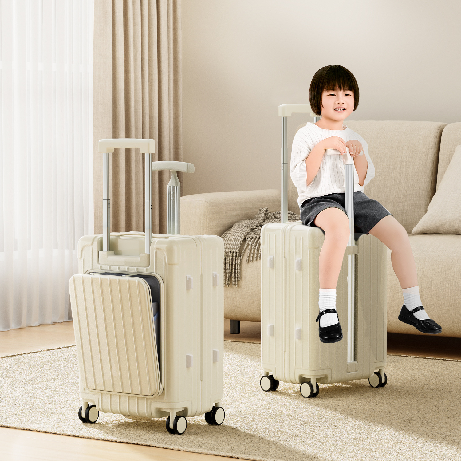 20 Inch Double Pull Rod Design Luggage Case, Can Be Seated, Front Open Lid Luggage Compartment, Silent Universal Wheels, Dry Wet Separation, T-shaped Pull Rod Travel Box — foto 2