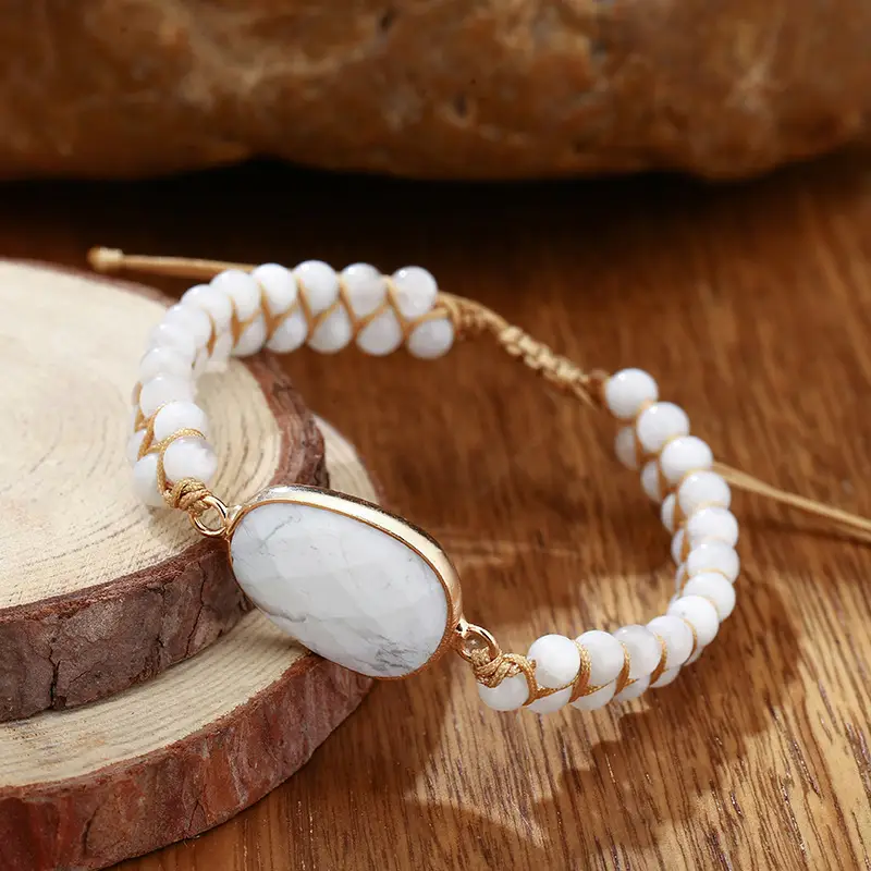 Natural Stone Egg Shaped White Pine Hand Woven Bracelet