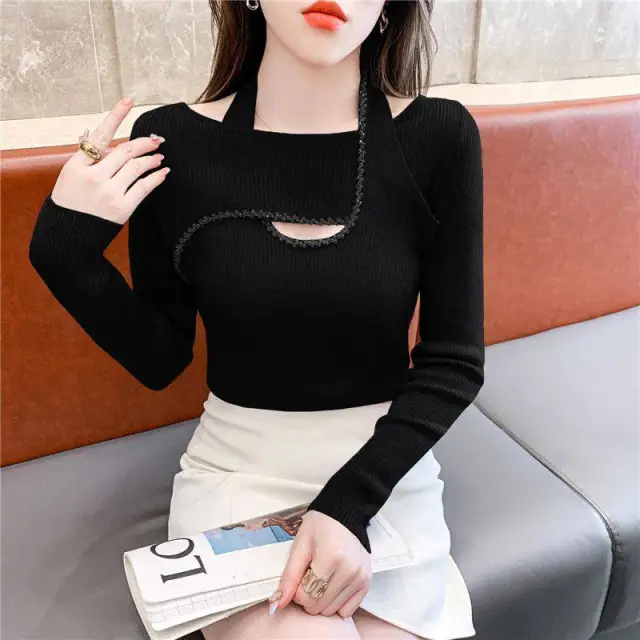 Hollow Diamond encrusted Long sleeved Sweater Black - Shop at LoveMi