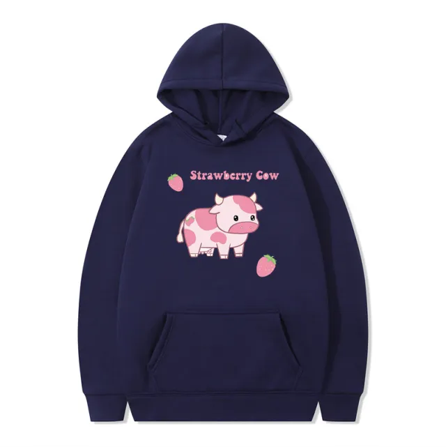 Strawberry Milk Print Long sleeved Hoodie Blue - Shop at LoveMi