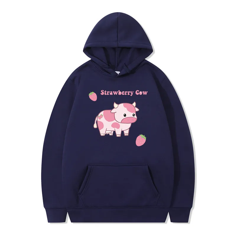 Strawberry Milk Print Long-sleeved Hoodie - Blue