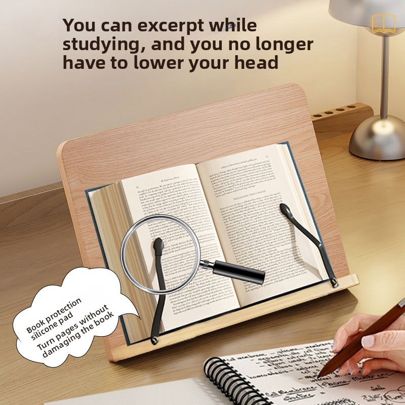 Adjustable Book Stand Wooden Reading Rest, Recipe Cookbook Holder Clip — image 2