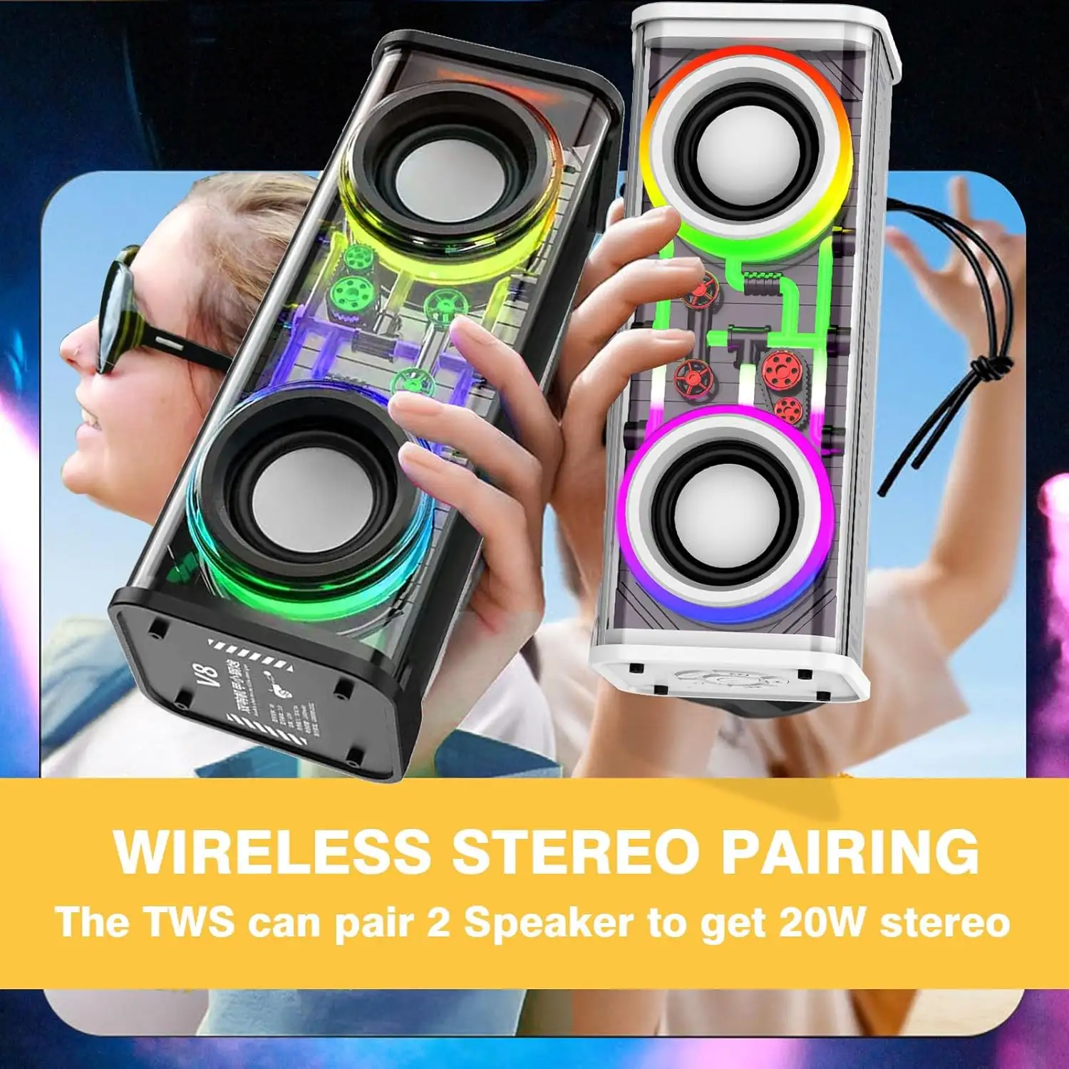 Portable Bluetooth Speaker With LED Lights&Transparent Casing