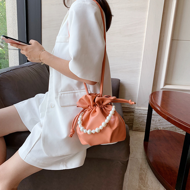 Title 6, Pleated Drawstring Bucket Bag Solid Color PU Fe...