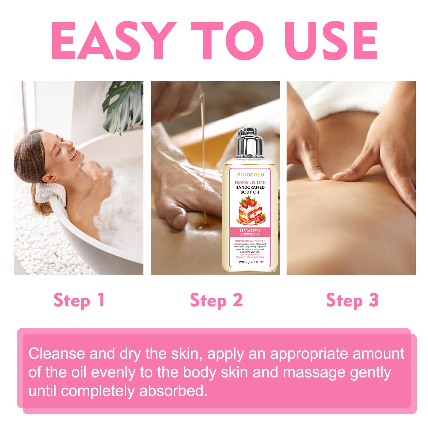 Only Supports Self Pickup With Waybill Amococo Strawberry Shortcake Body Juice Oil, 220ml Handcrafted Moisturizing Body Oil For Dry Skin, Long-Lasting Fragrance Body Massage Oil, Natural Plant-Based L